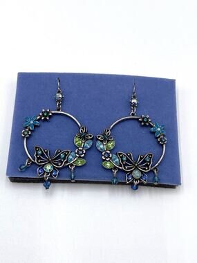 Avon Earrings Dangles Butterfly Blue Green Rhinestone Flowers Original Box 2”